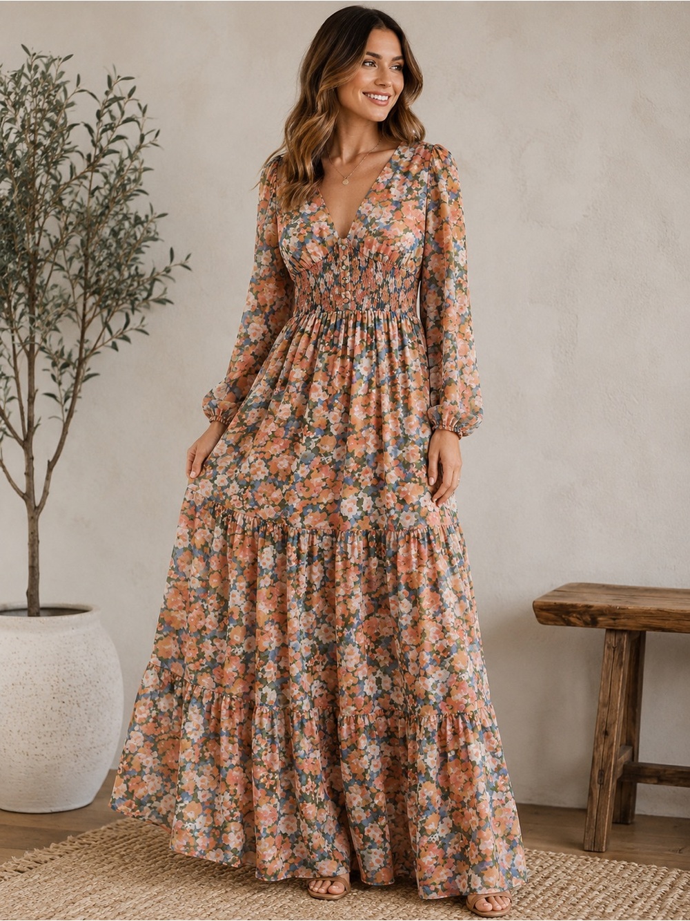 Patrons of Peace Floral Smocked Maxi Dress Boho Cottagecore Medium - Picture 1 of 5